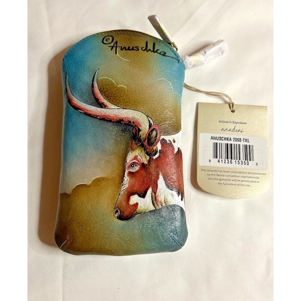 Anuschka Hand Painted Leather Phone Case Pouch Texas Longhorn One Size - Picture 3 of 7